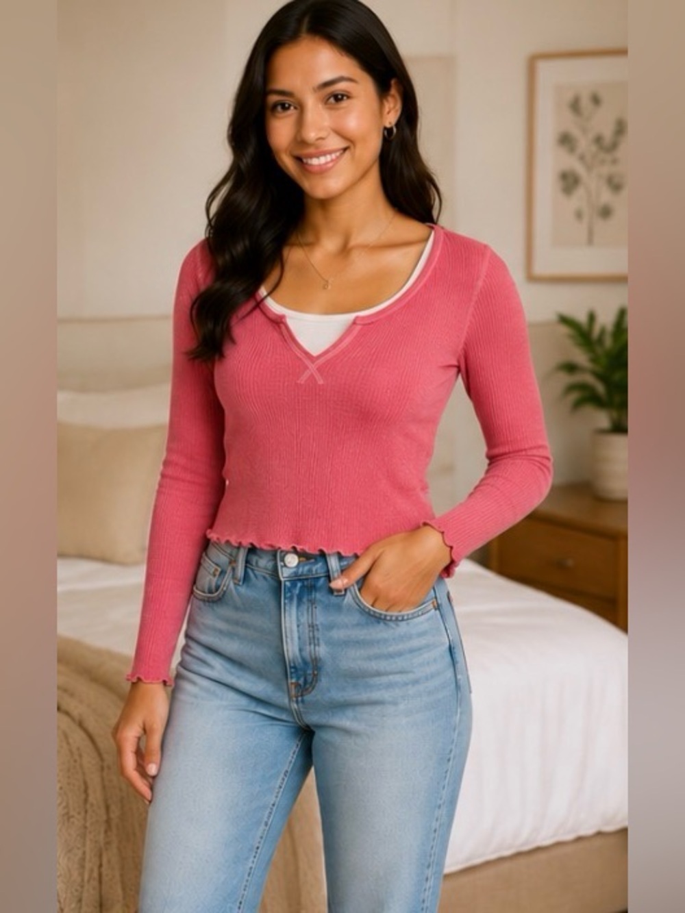 American Eagle Ribbed Crop Top – Red & Coral Long Sleeve Lettuce Hem Shirt (L/G) - Picture 2 of 10